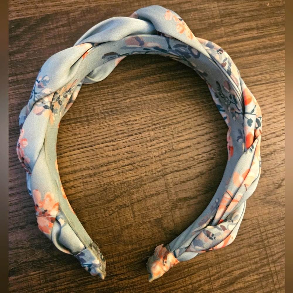 Light blue Braided Headband with Peach color Foral design